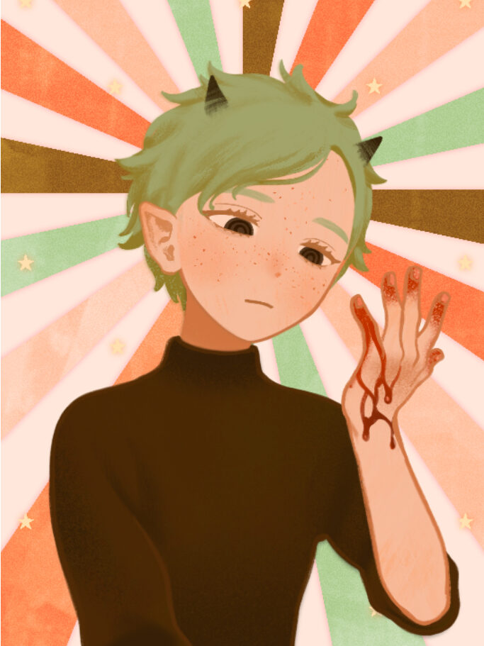 a picrew image of a green-haired demon person with horns looking thoughtfully at a bloody hand